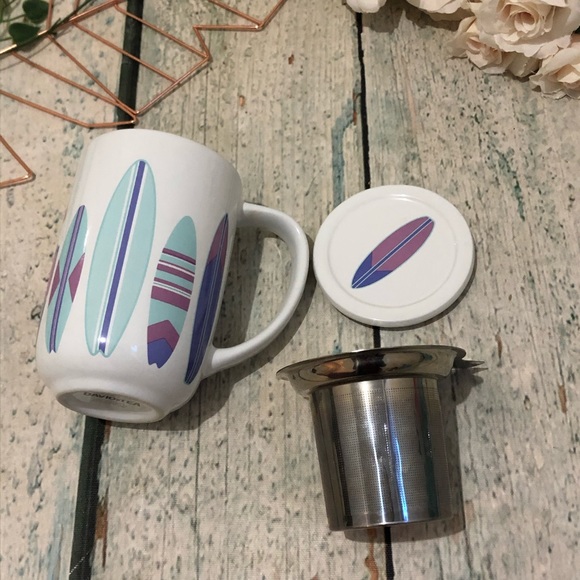 Davids tea Nordic mug Surf boards shark beach blue purple lid infuser ceramic - Picture 3 of 6